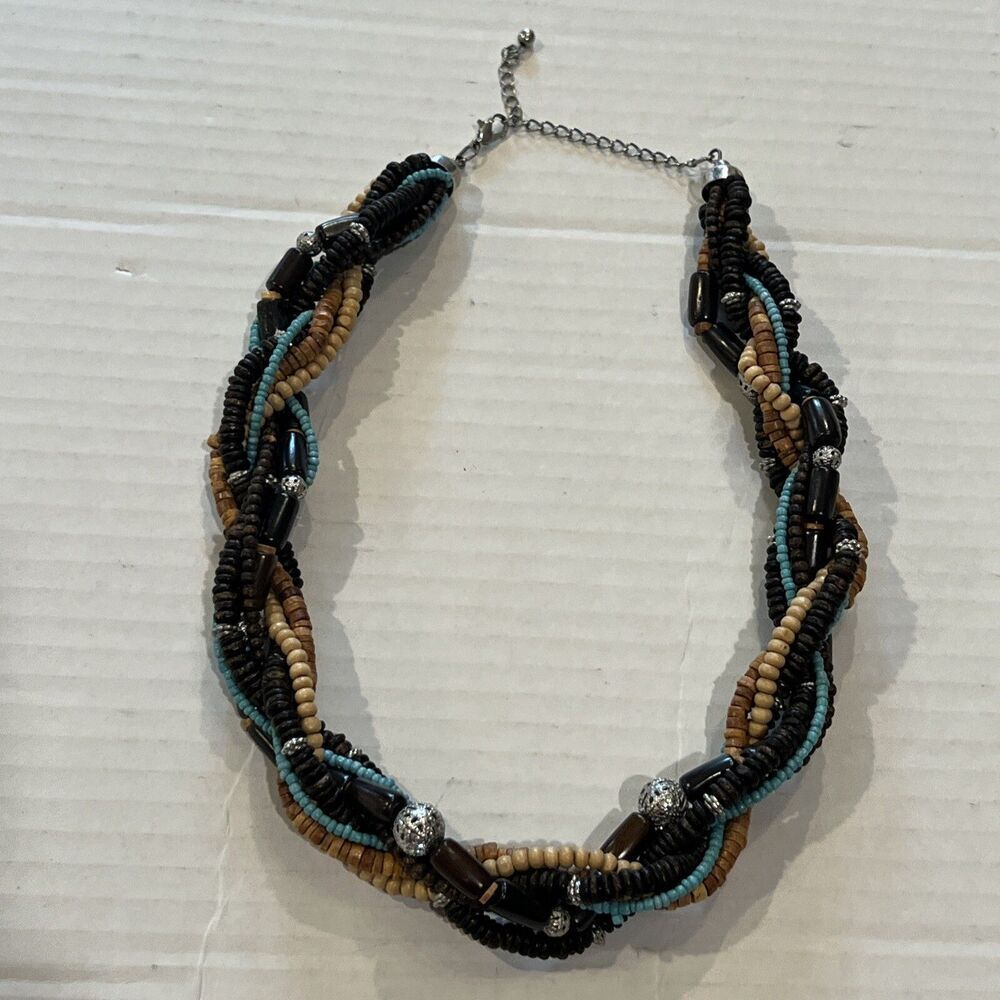 Chunky Bulky Beaded Necklace Blue Beige Black Silver tone